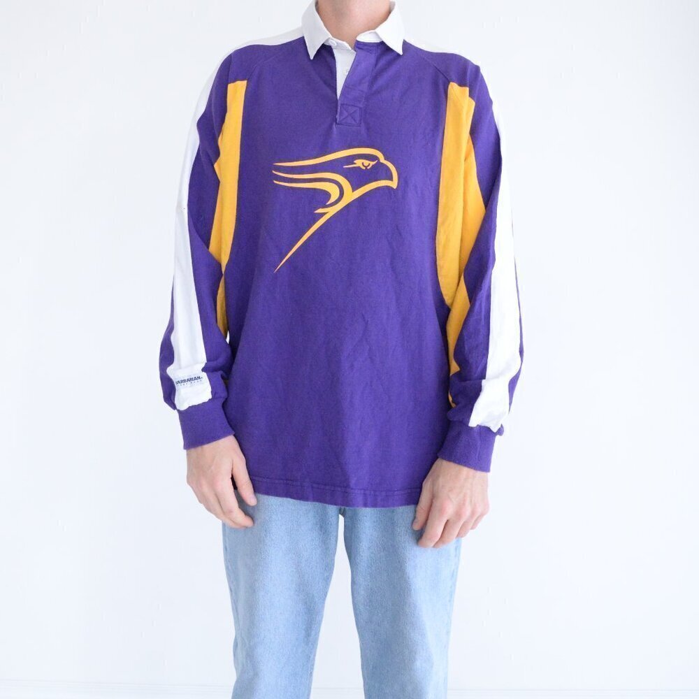 Barbarian Casual Purple Yellow Rugby 100% Cotton Long Sleeve Polo Shirt XL